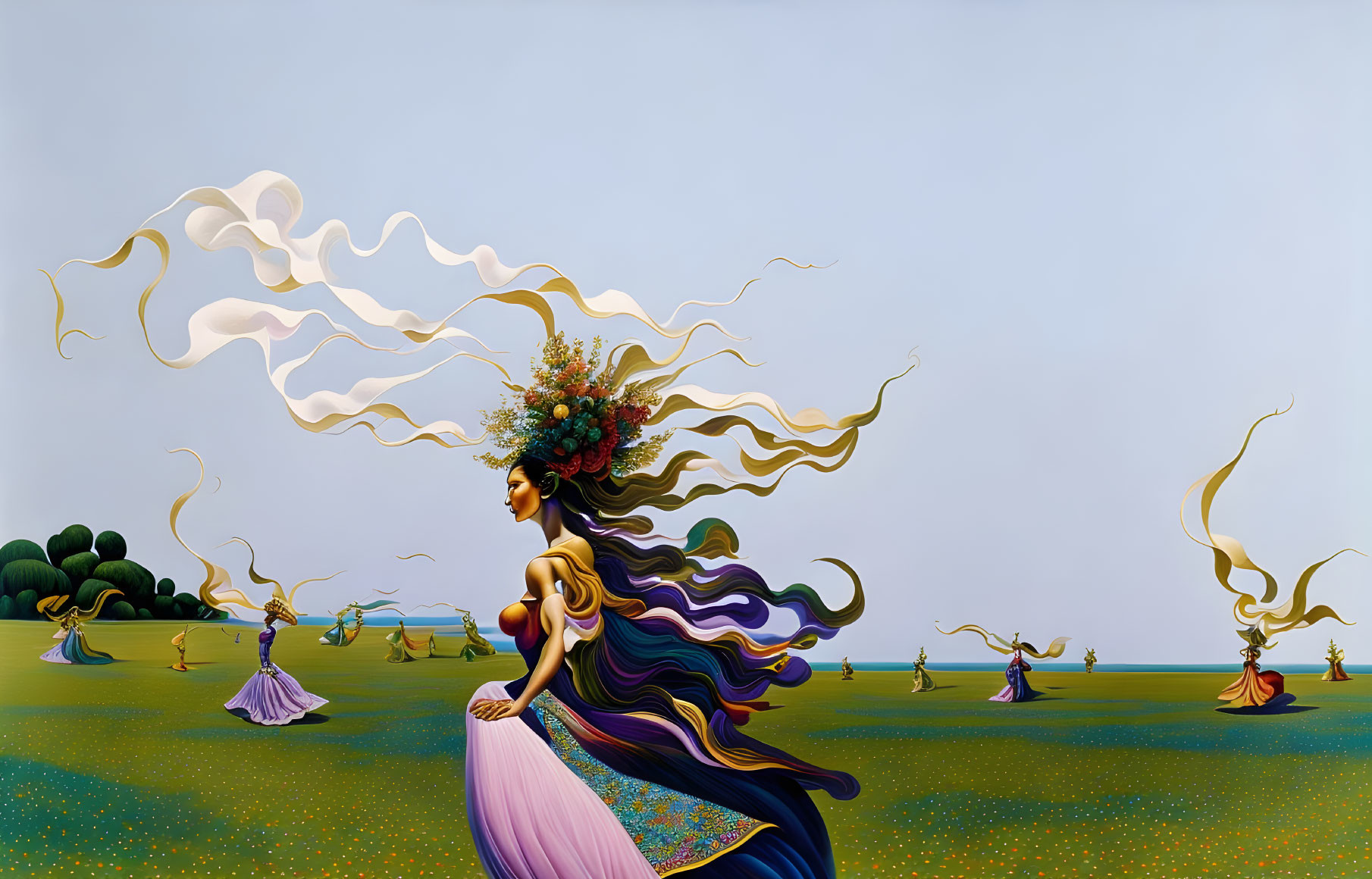 Surreal painting of woman with flowing hair and dress in vibrant flower crown