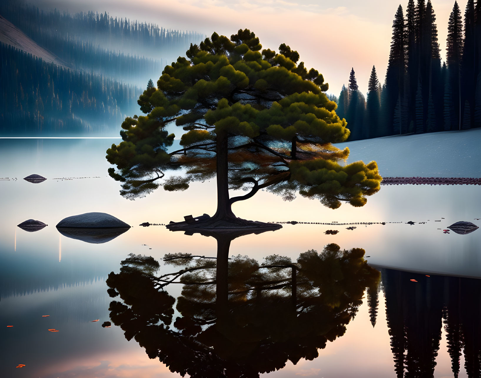 Solitary tree on island reflected in still lake at dusk or dawn