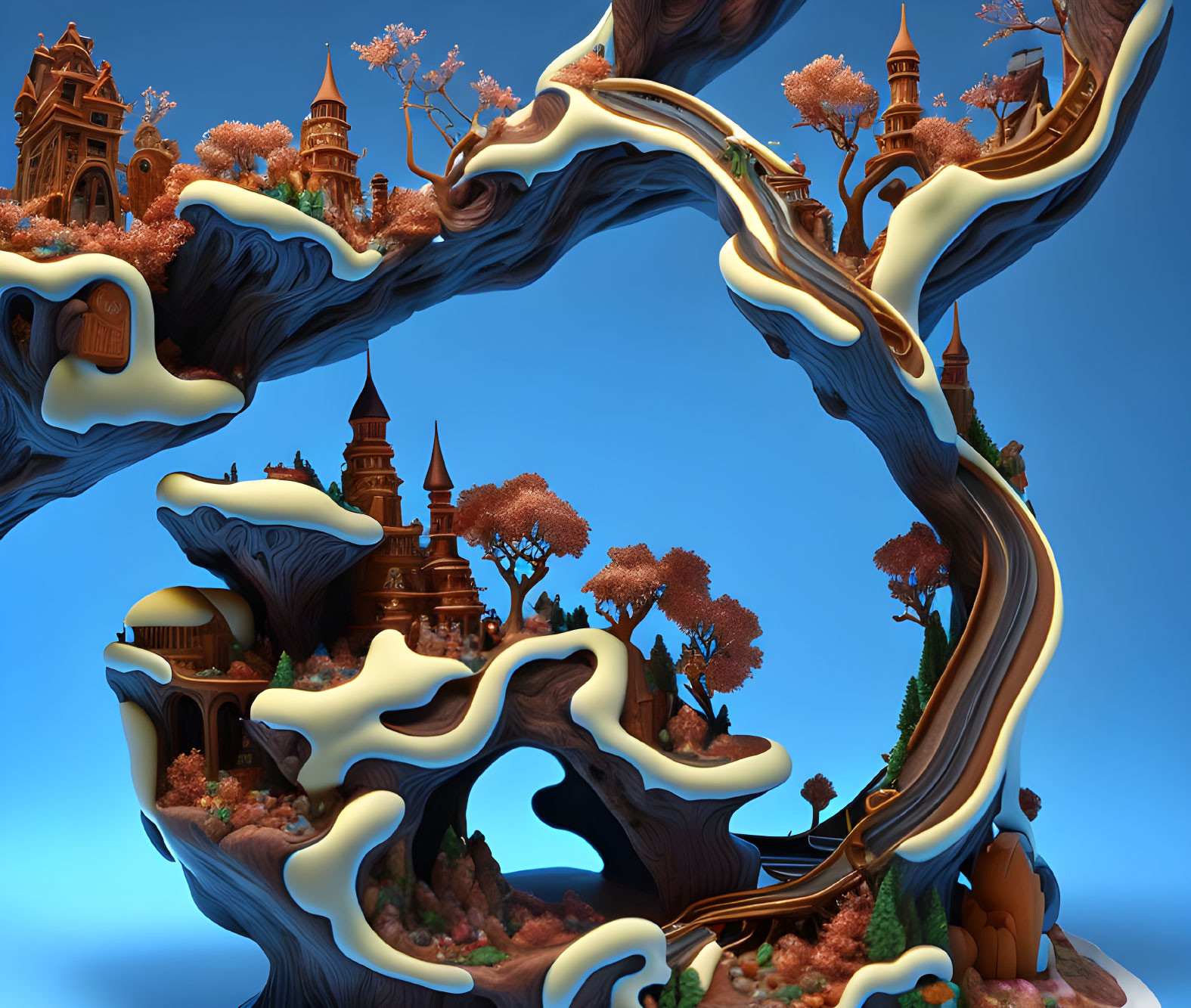 Surreal landscape with twisted trees and castle-like structures