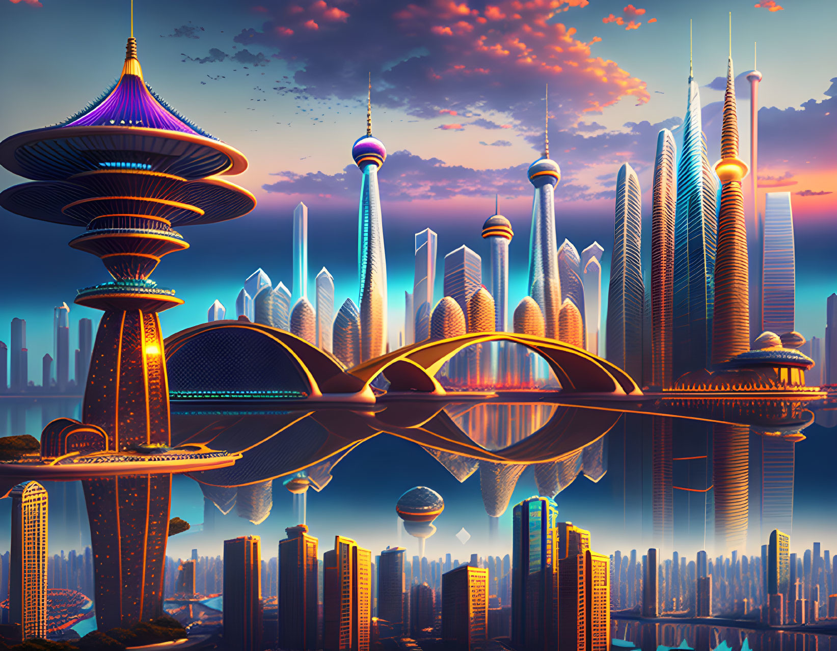 Futuristic cityscape with neon-lit skyscrapers and unique architecture reflected on water