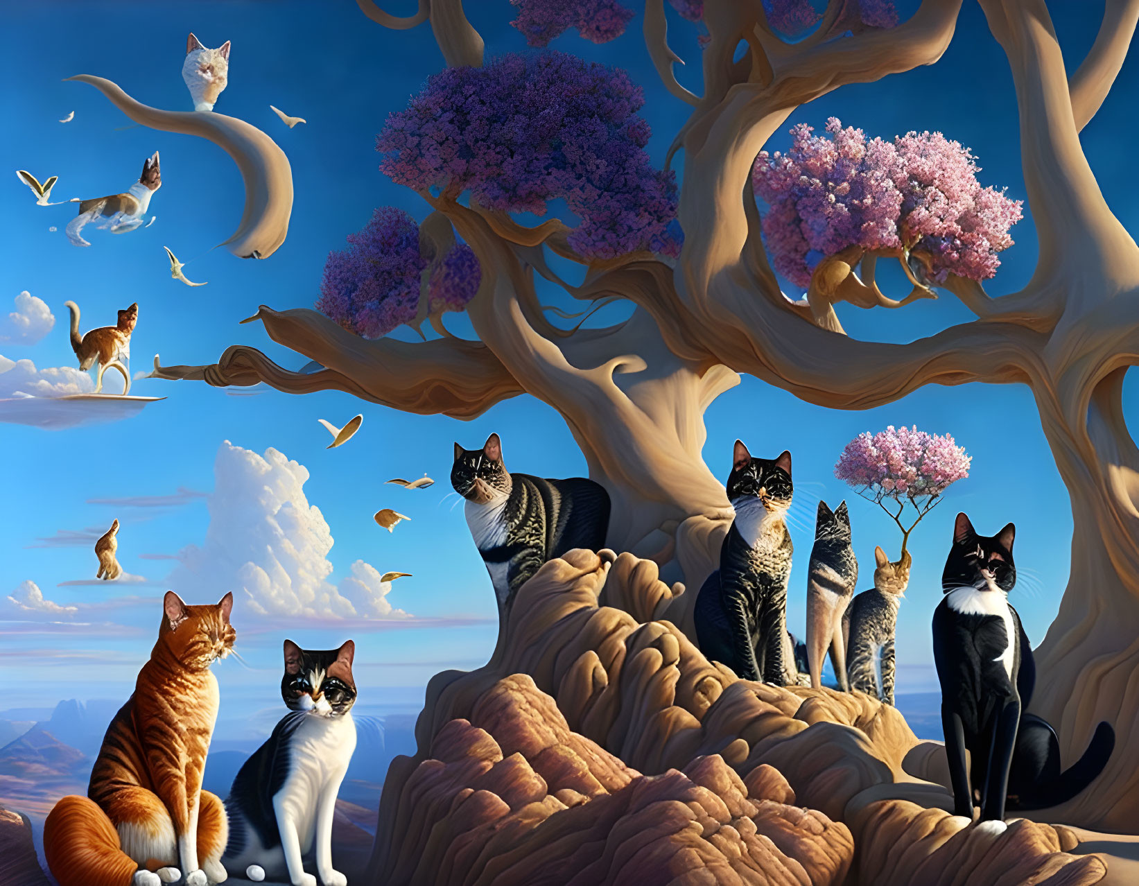 Surreal landscape: flying and sitting cats, purple-flowered trees, floating islands, clear blue