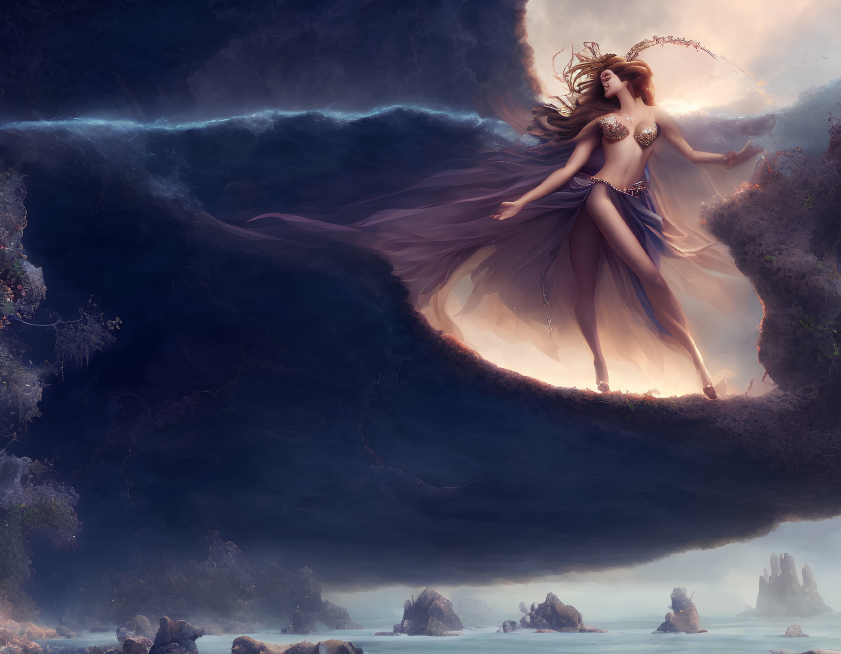 Mystical female figure in flowing dress with luminous staff in dreamy seascape