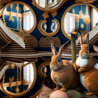 Brown and White Rabbit with Gold Monocle in Luxurious Room