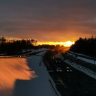 Twilight highway with curved roads and vibrant sunset horizon