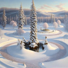 Snow-covered Winter Landscape with Fir Trees and Circular Patterned Ground