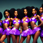 Seven Women with Voluminous Afro Hairstyles in Shiny Purple Outfits on Teal Background