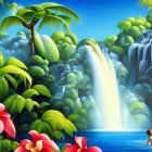 Tropical paradise with waterfall, lush greenery, pink flowers, and people in serene blue pool