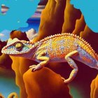 Colorful Chameleon on Surreal Desert Landscape with Sandstone Formations