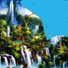 Fantastical landscape with waterfalls, greenery, plants, and ethereal figures.