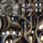 Surreal fractal image: Golden labyrinth on blue background