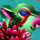 Colorful Hummingbird Hovering Over Flower with Droplets