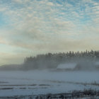 Snow-covered village and leafless trees in panoramic winter landscape.