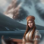 Woman in warm hat on boat with snow-capped mountains & misty lake