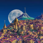 Colorful moonlit village painting with steeples under night sky