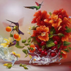 Colorful Still Life with Red Flowers, Grapes, Cherries, and Hummingbirds