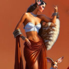 Stylized artwork of woman with bunny ears in futuristic costume against mountain backdrop