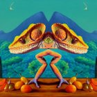 Surrealist painting: Chameleon with human-like legs among oranges, mountains, and sea