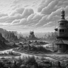 Monochromatic steampunk landscape with industrial towers and Victorian-style buildings