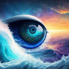 Surreal giant eye with vibrant blue iris in cosmic ocean scene