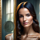 Sleek-haired woman holding ornate mirror with luxurious backdrop