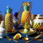 Luxurious Still Life: Pineapples, Golden Tableware, Porcelain, Blue Background