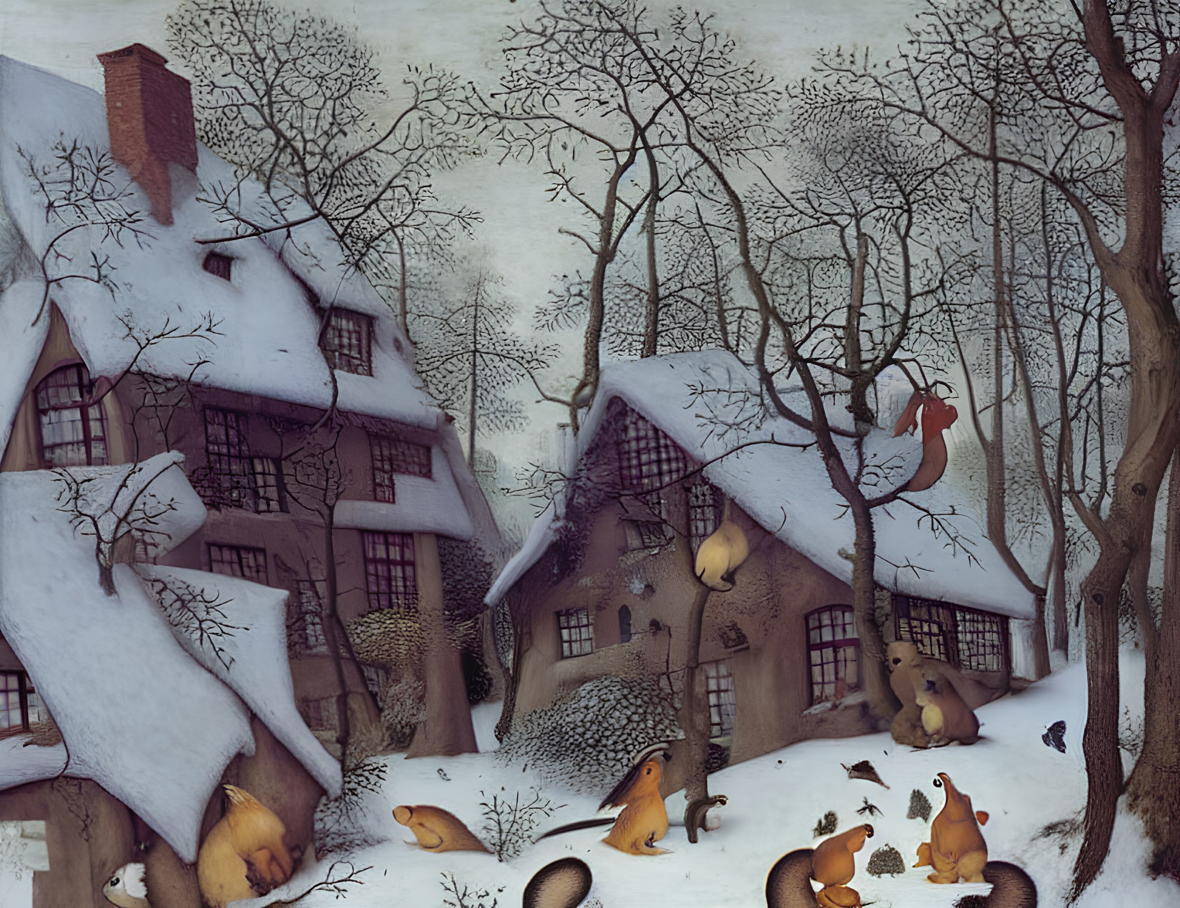 Whimsical Winter Scene with Anthropomorphic Creatures and Snow-Covered Houses