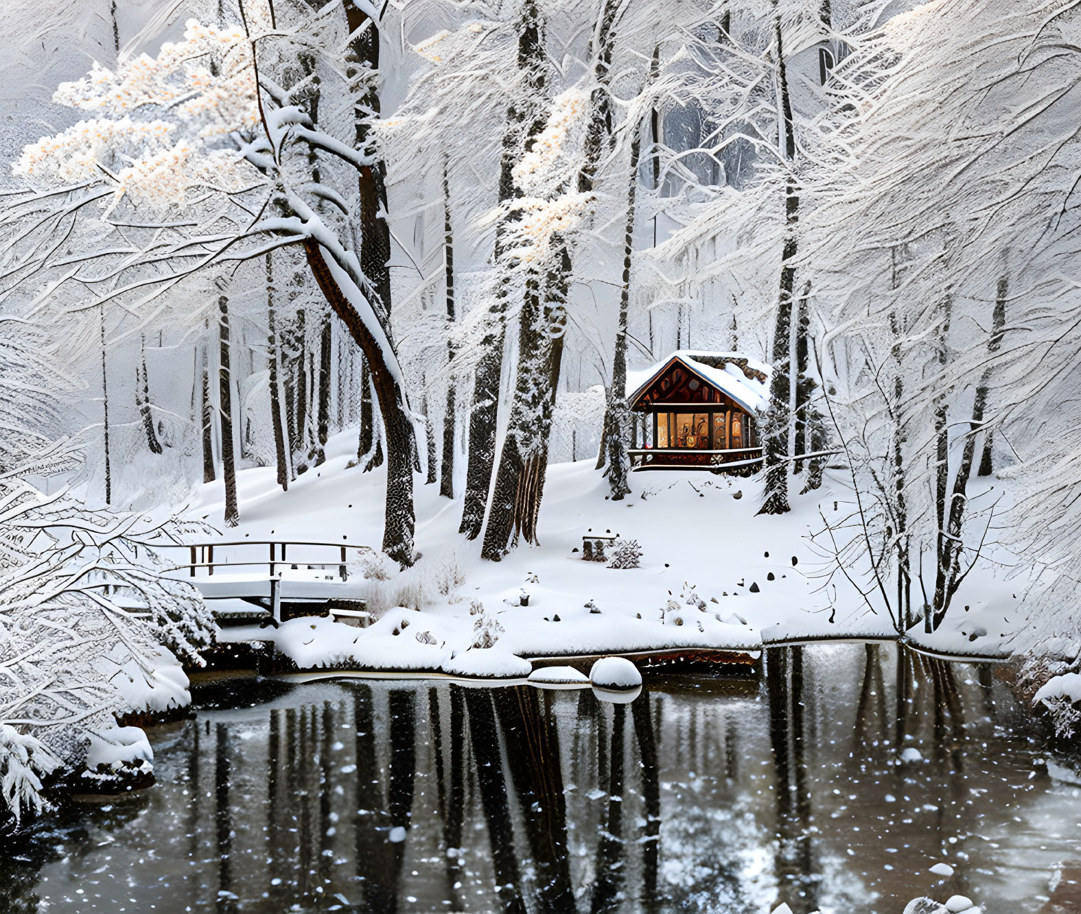 Snowy forest cabin by tranquil pond in serene winter setting