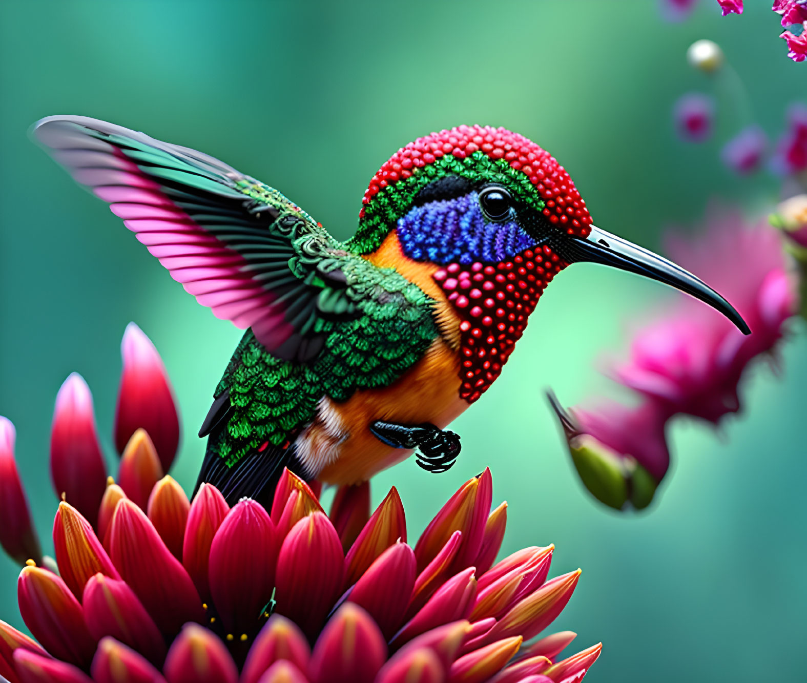 Colorful Hummingbird Hovering Over Flower with Droplets