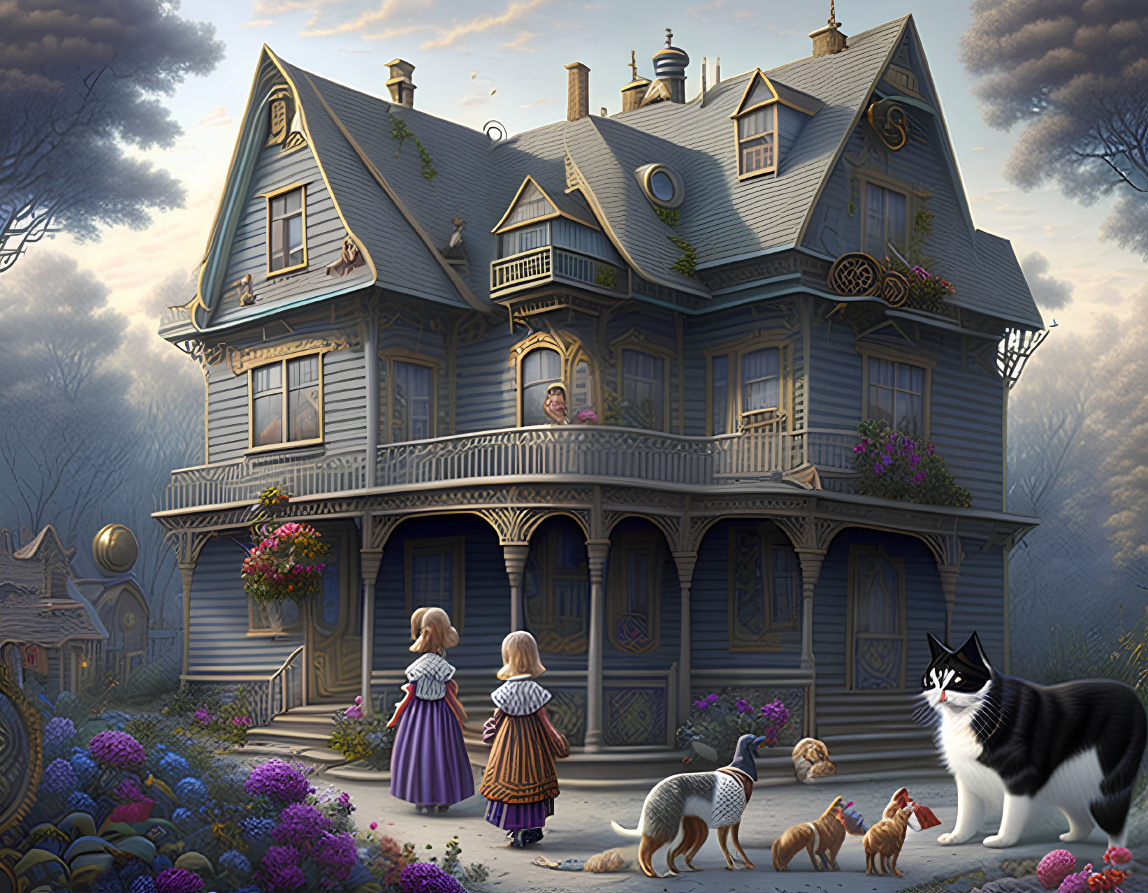 Victorian house with woman on balcony, girls and pets in garden at dusk