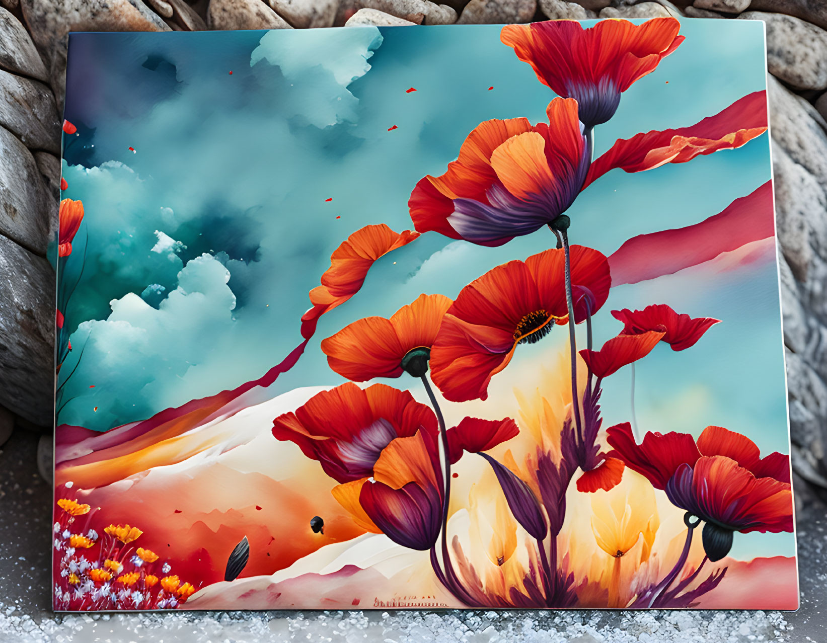 Colorful digital painting of red poppies against a whimsical sky-blue backdrop on stone.