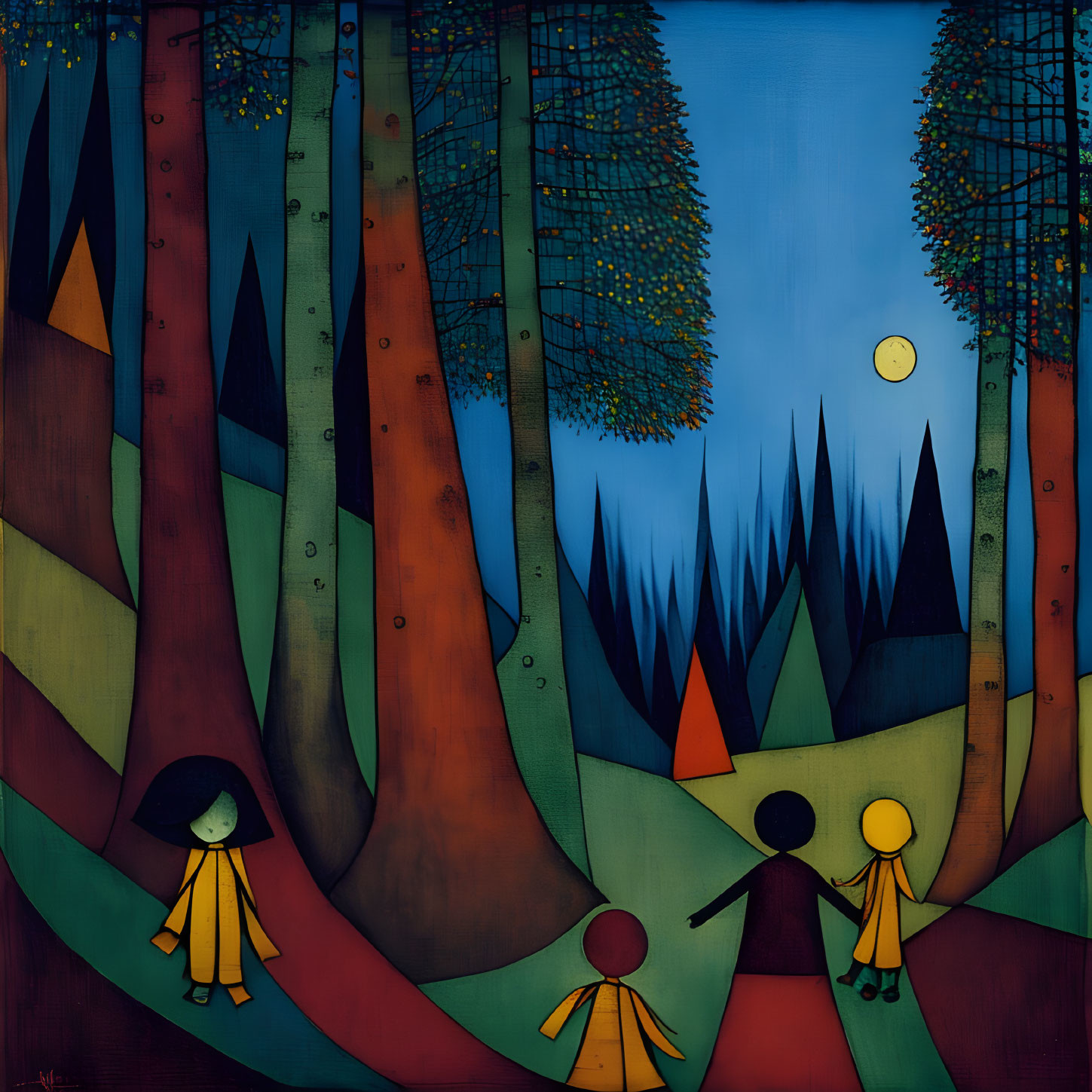 Abstract painting of three figures in vibrant forest at night