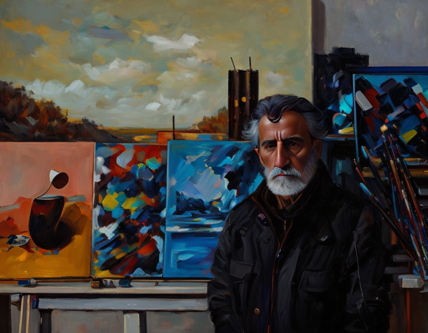 Grey-bearded man contemplates abstract paintings in artist's studio