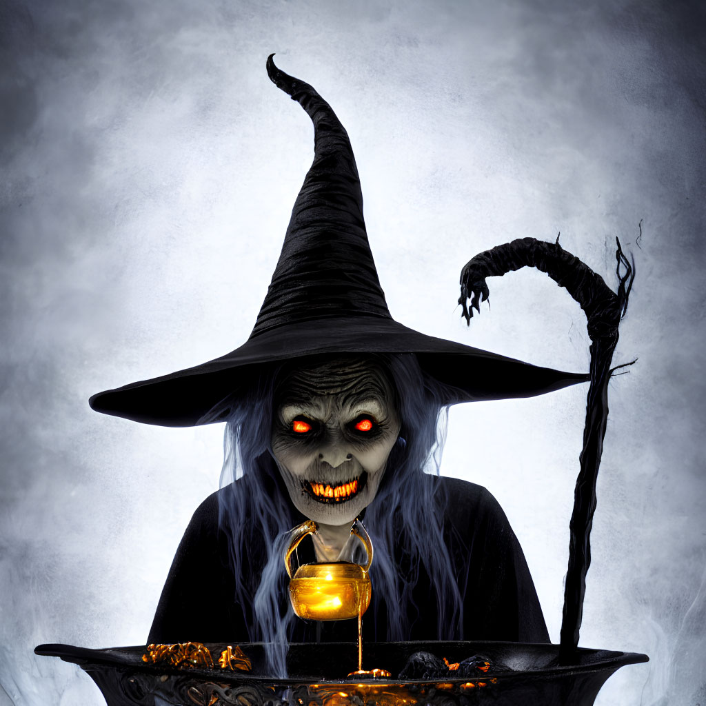 Sinister witch with red eyes, potion, hat, broomstick in foggy backdrop