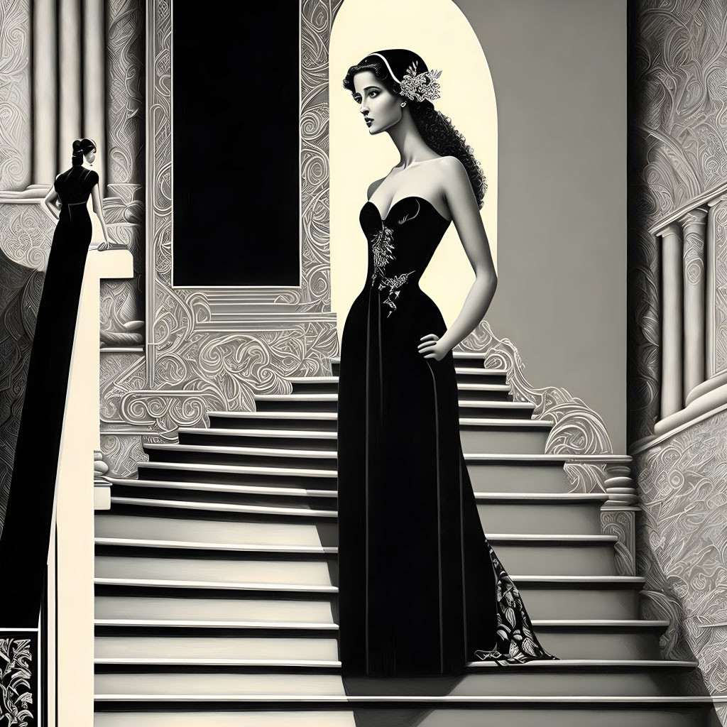 Monochrome illustration of woman in elegant gown on staircase
