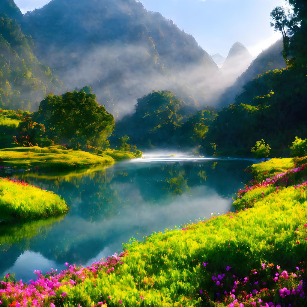 Tranquil lake with wildflowers, misty mountains, and sunlight rays