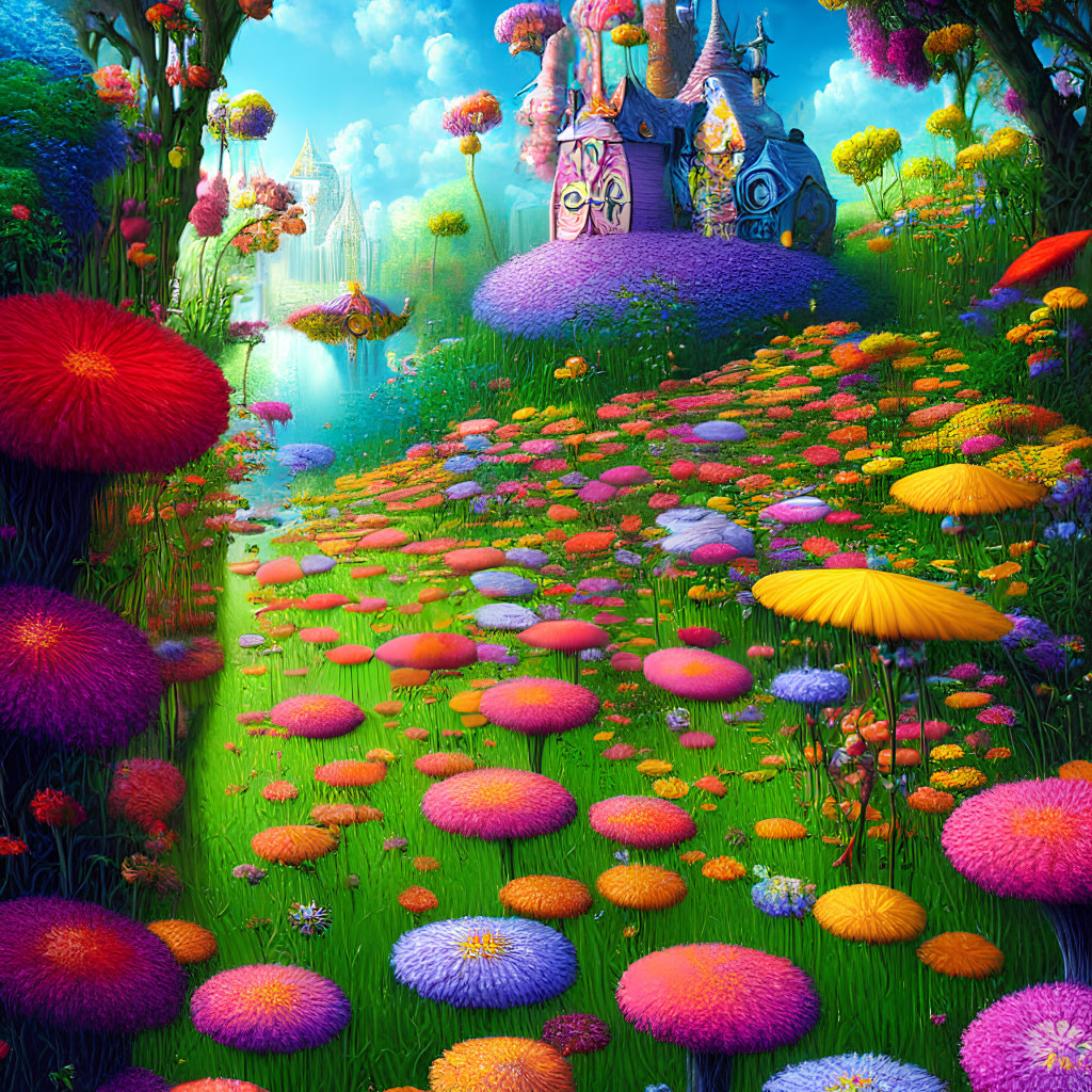 Colorful fantasy landscape with flower path, whimsical towers, and tranquil river