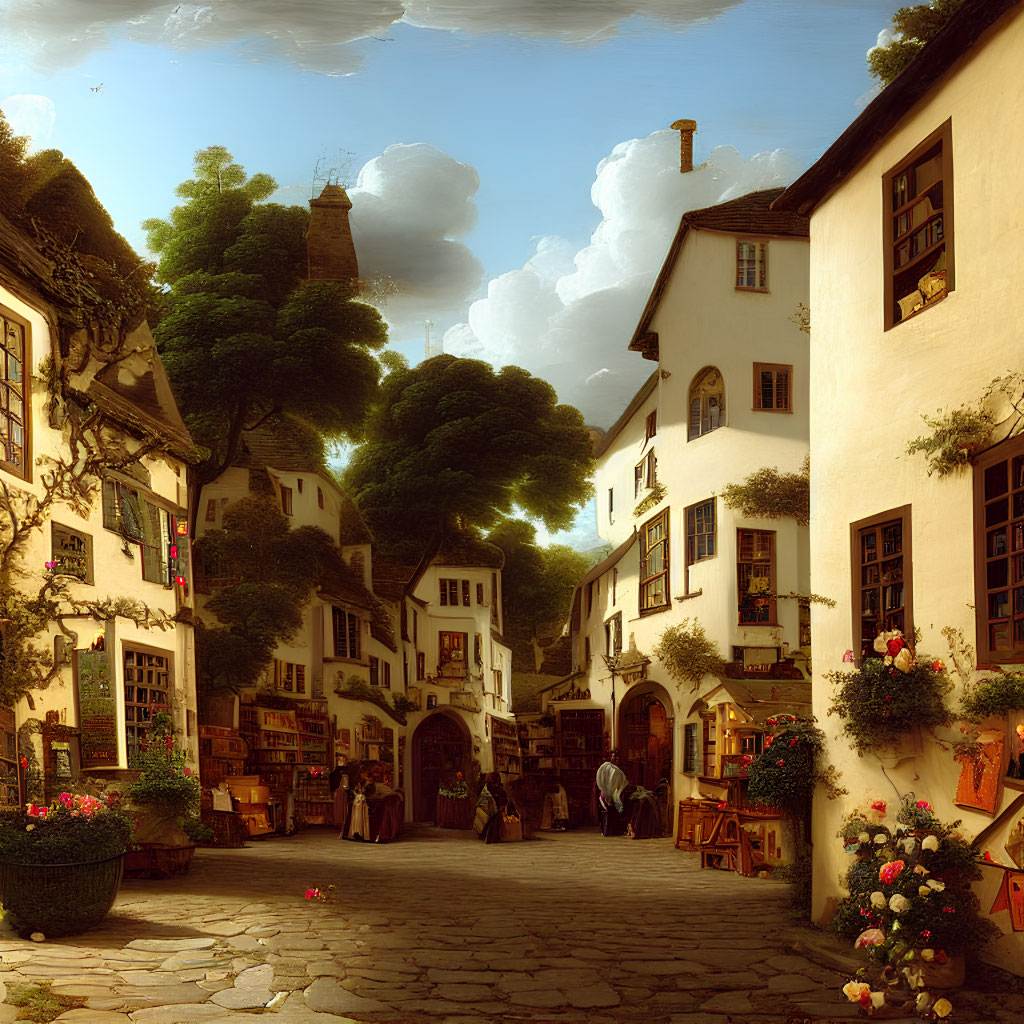 Village street with white buildings, bookshelves, people, trees, flowers under bright sky