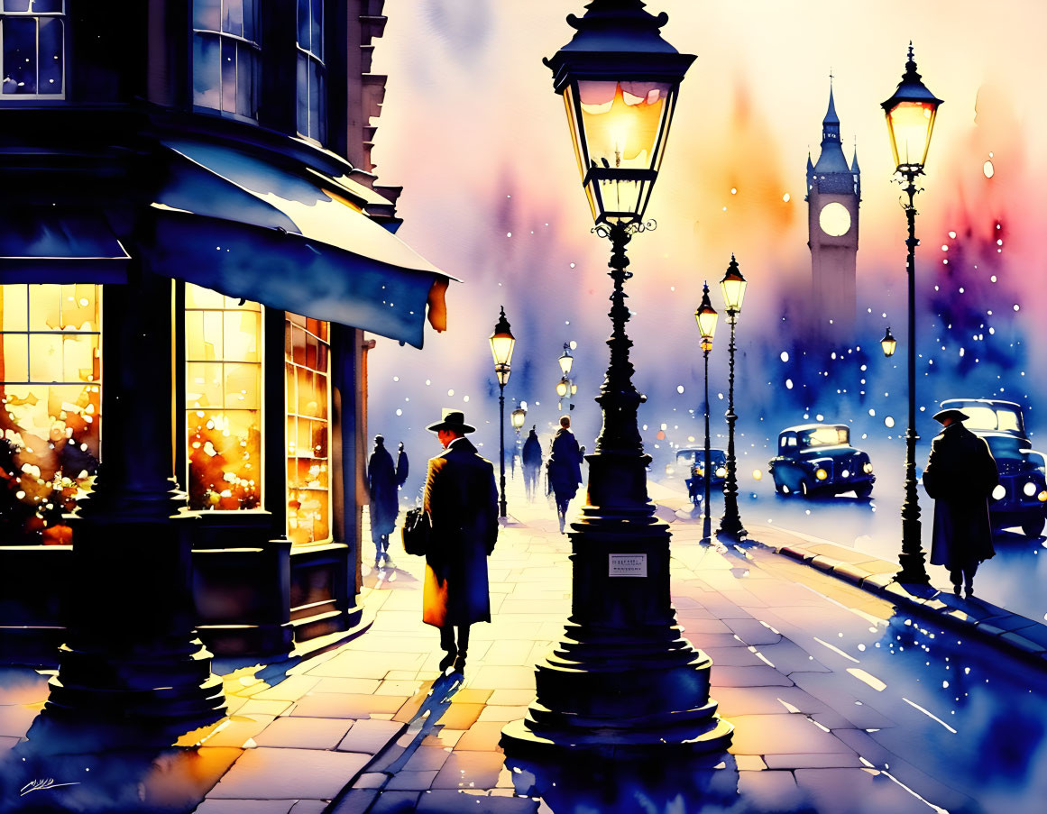 Colorful Watercolor Street Scene at Dusk with People, Vintage Lamps, Shop, Car,