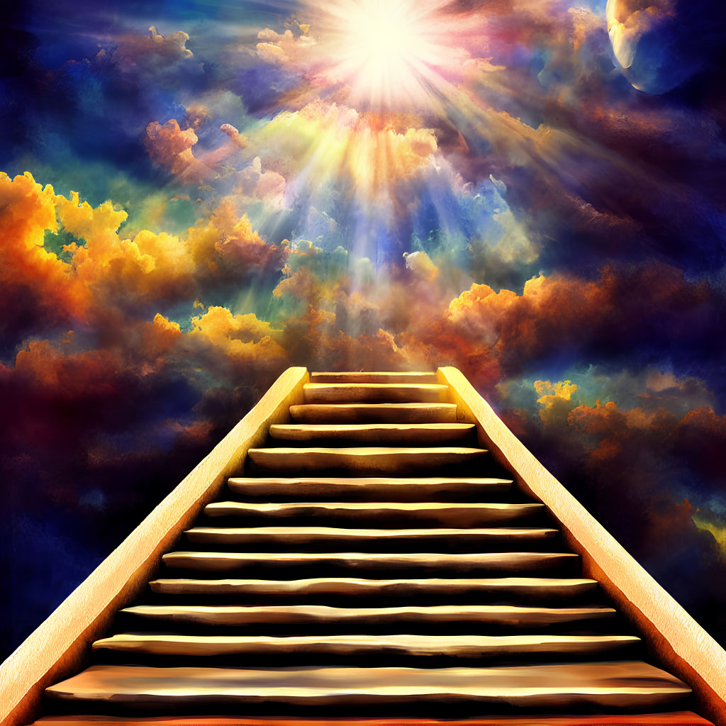 Wooden staircase under radiant sun and colorful sky