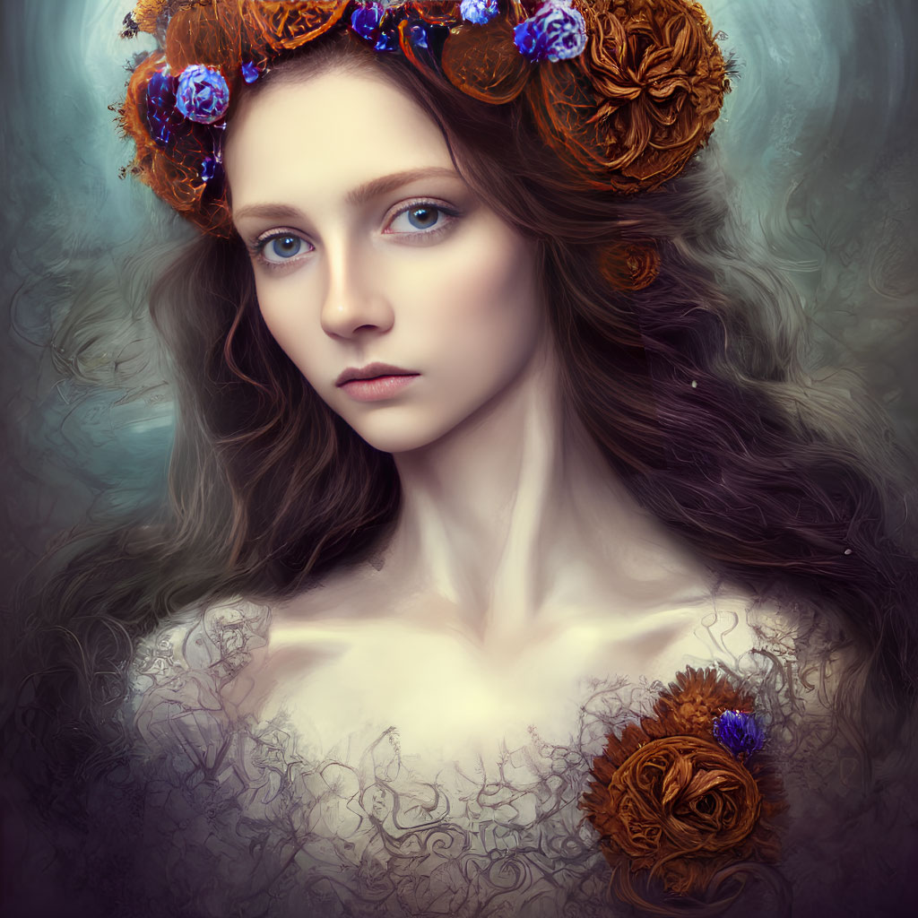 Digital art portrait of woman with blue eyes in floral crown and wavy hair