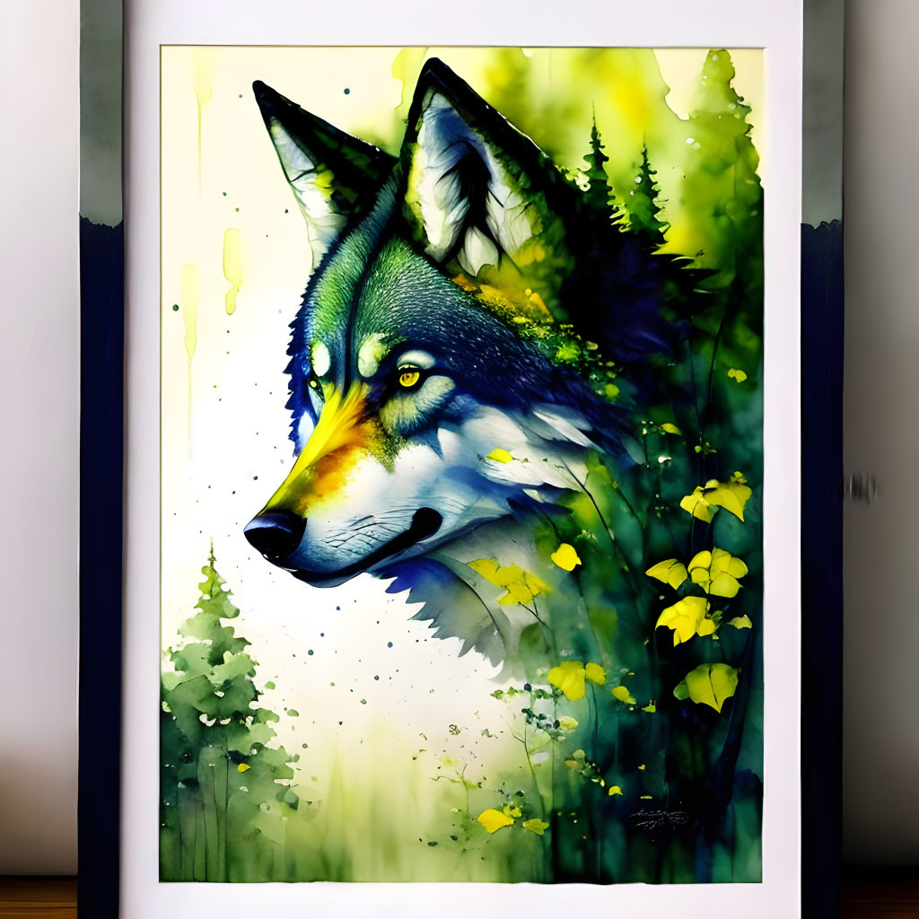 Colorful Wolf Profile Artwork with Forest and Flowers Displayed on Wall