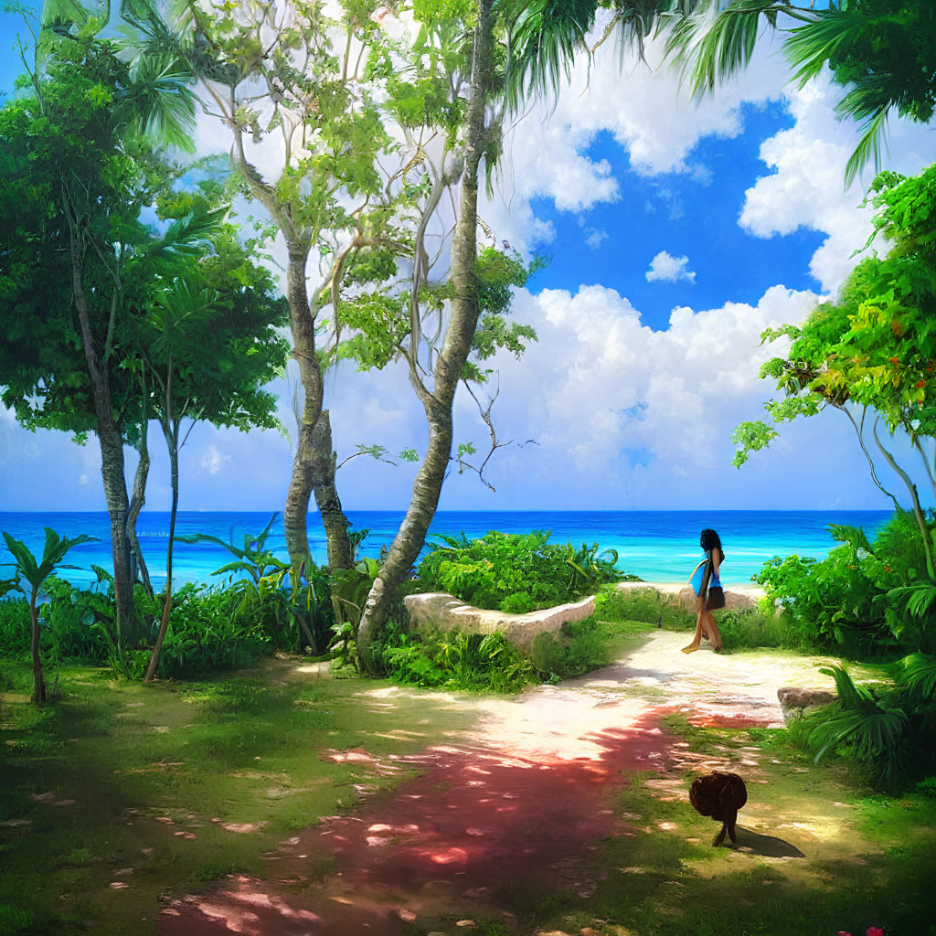 Tranquil Tropical Beach Scene with Greenery and Bird