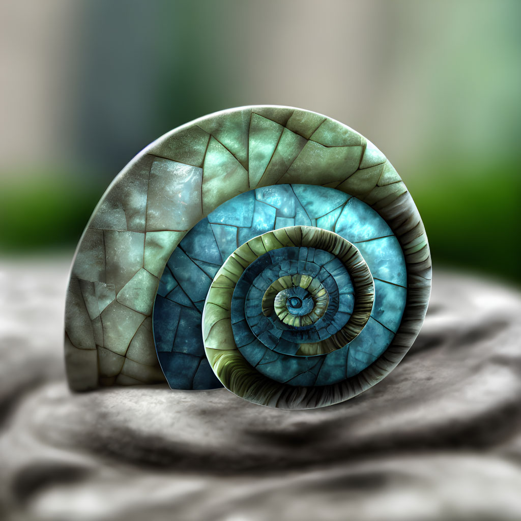 Nautilus Shell Digital Artwork with Blue and Green Spiral Design