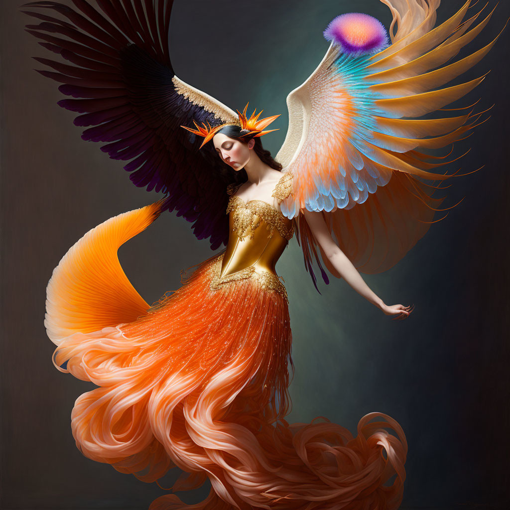 Fantastical artwork: Woman with orange bird wings in golden gown
