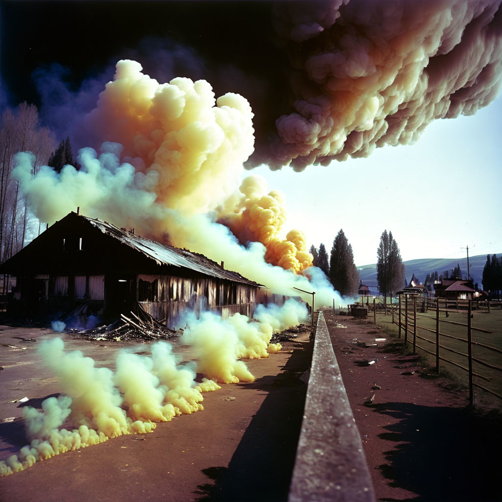 Billowing Yellow and Dark Smoke from Fire Consuming Wooden Structure