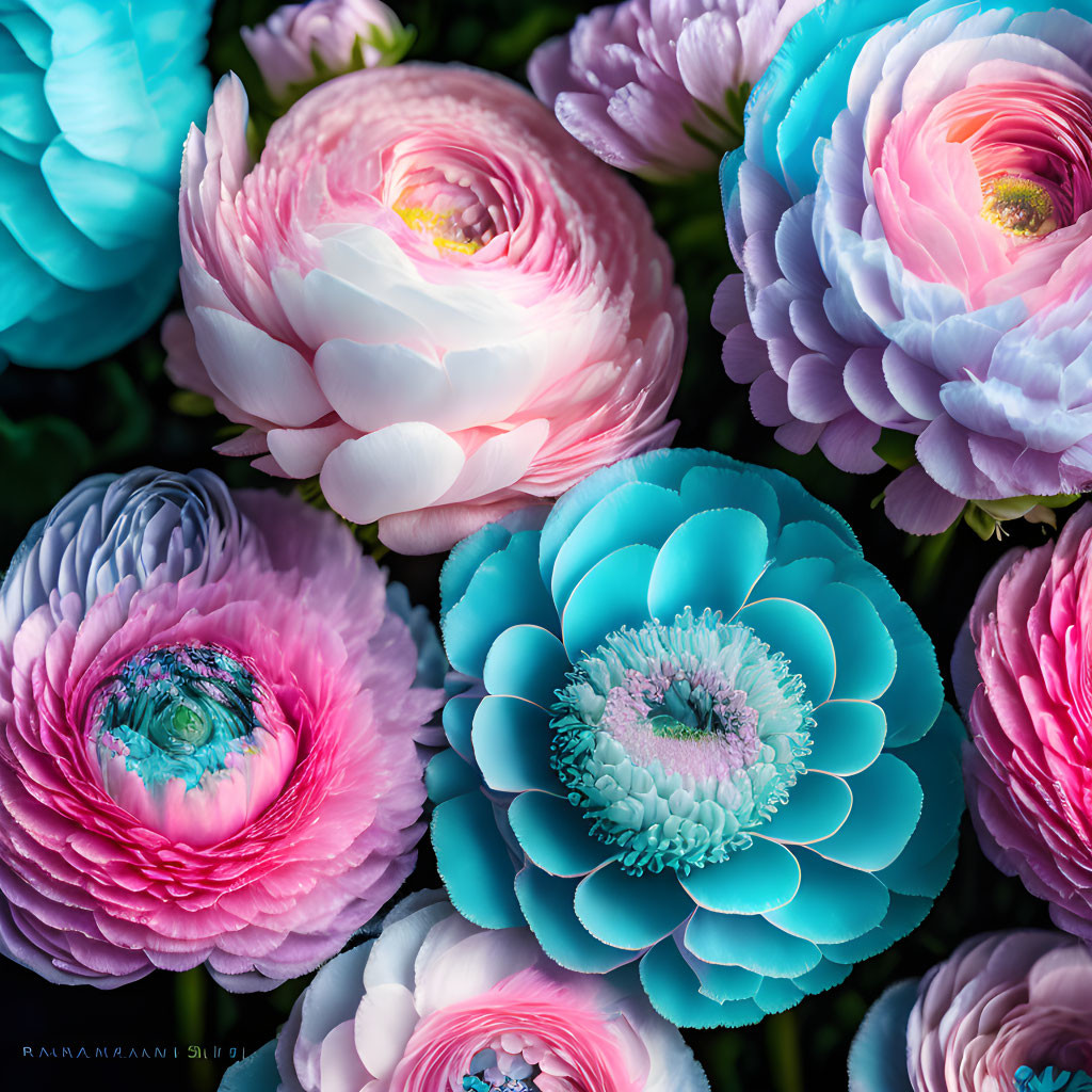 Pink and Turquoise Flowers with Layered Petals and Intricate Centers