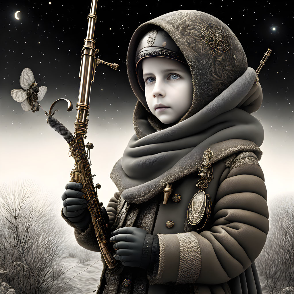Child in vintage winter attire with ornate saxophone under starry night sky