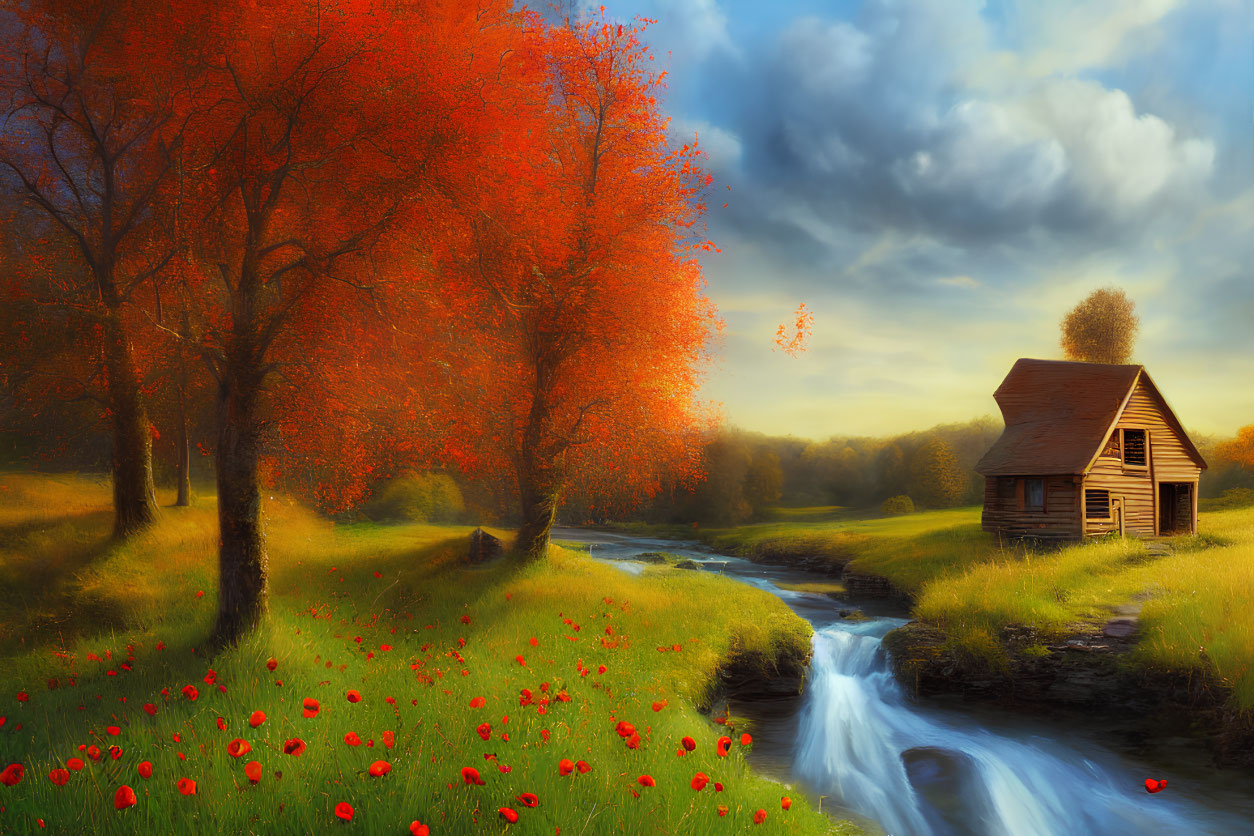 Autumn wooden cabin by stream with red foliage and poppies