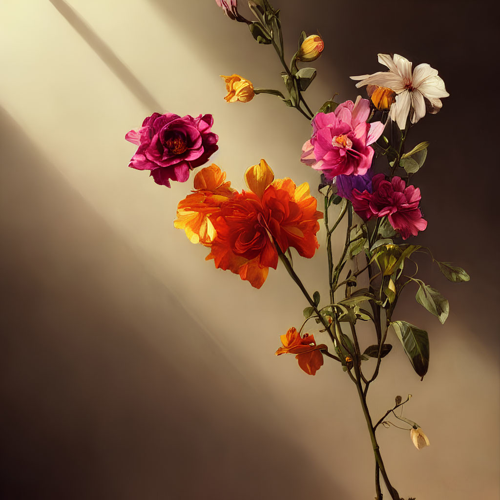 Colorful Flower Bouquet with Soft Shadowed Background and Striking Light Ray