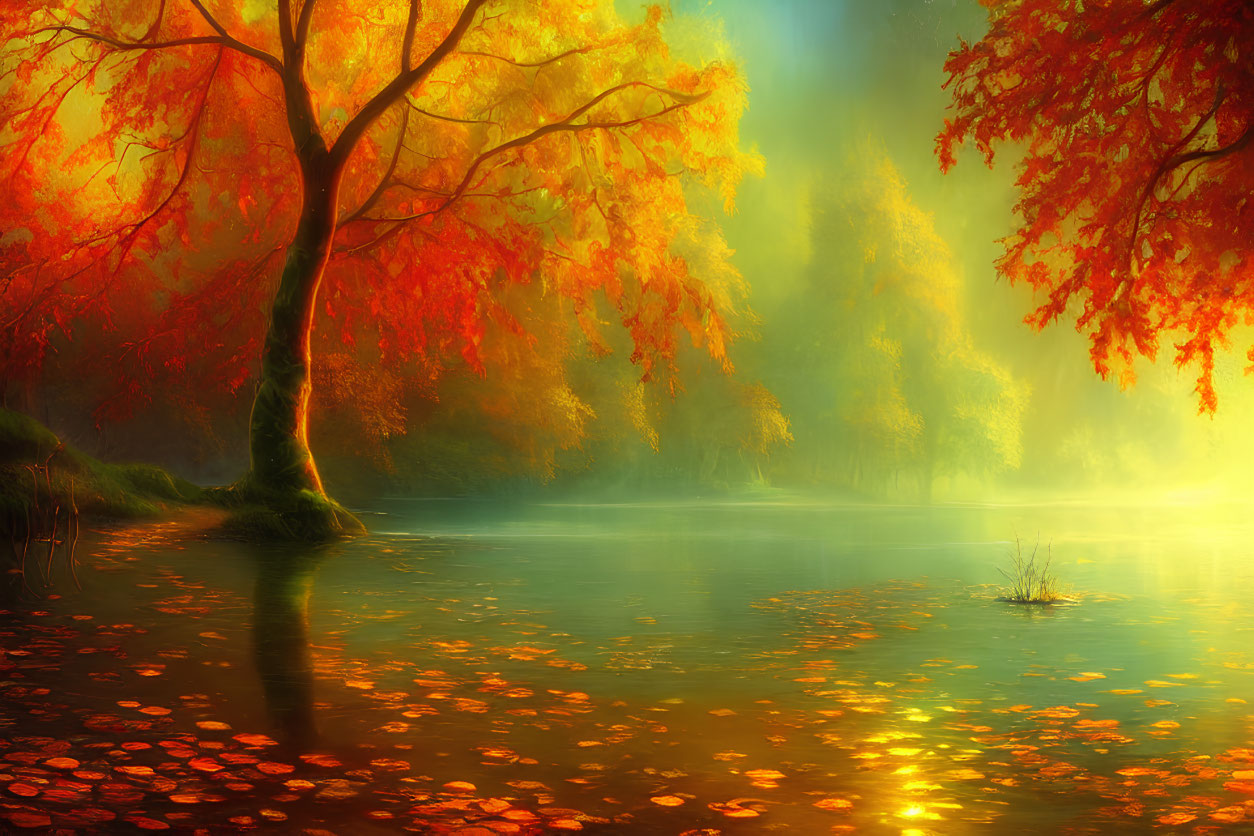 Tranquil autumn landscape with vibrant foliage and misty lake